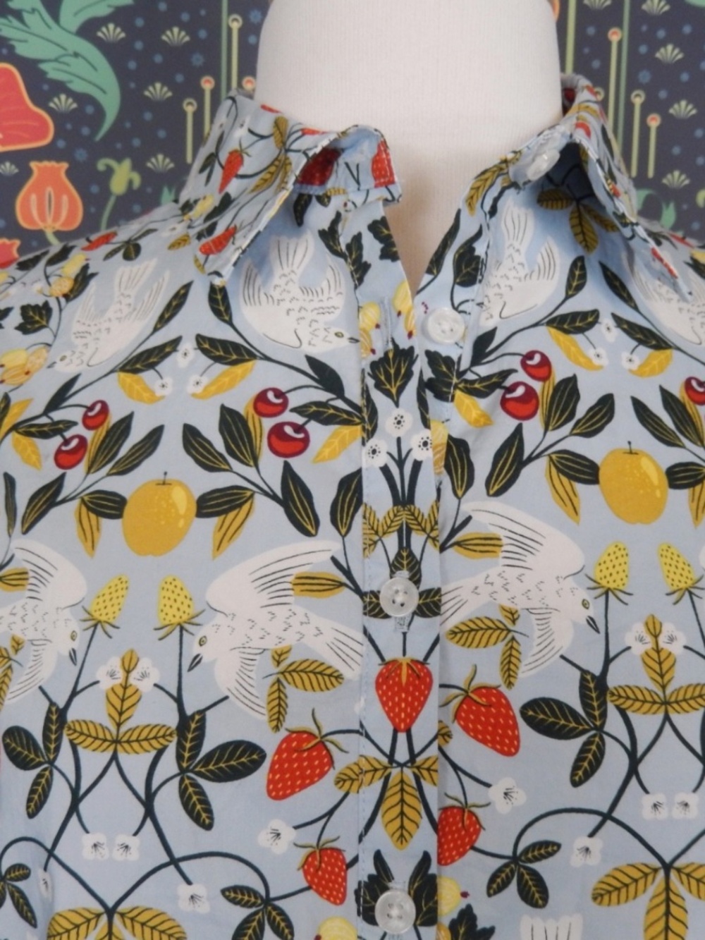 Boden Strawberry Bird Apple Print Button Down Shirt Top US 6 - Picture 3 of 5